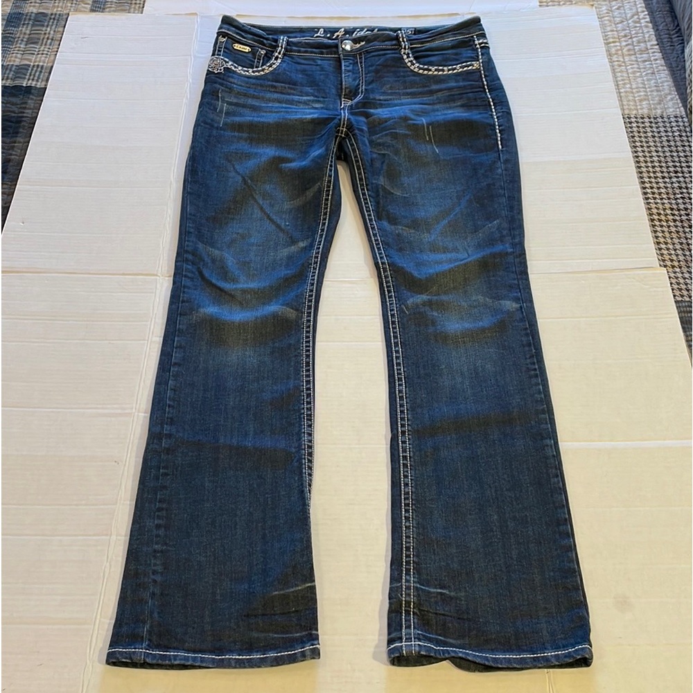 LA IDOL JEANS 15  ROSE Flair LEG JEANS RHINESTONES 5-POCKET ZIPFLY